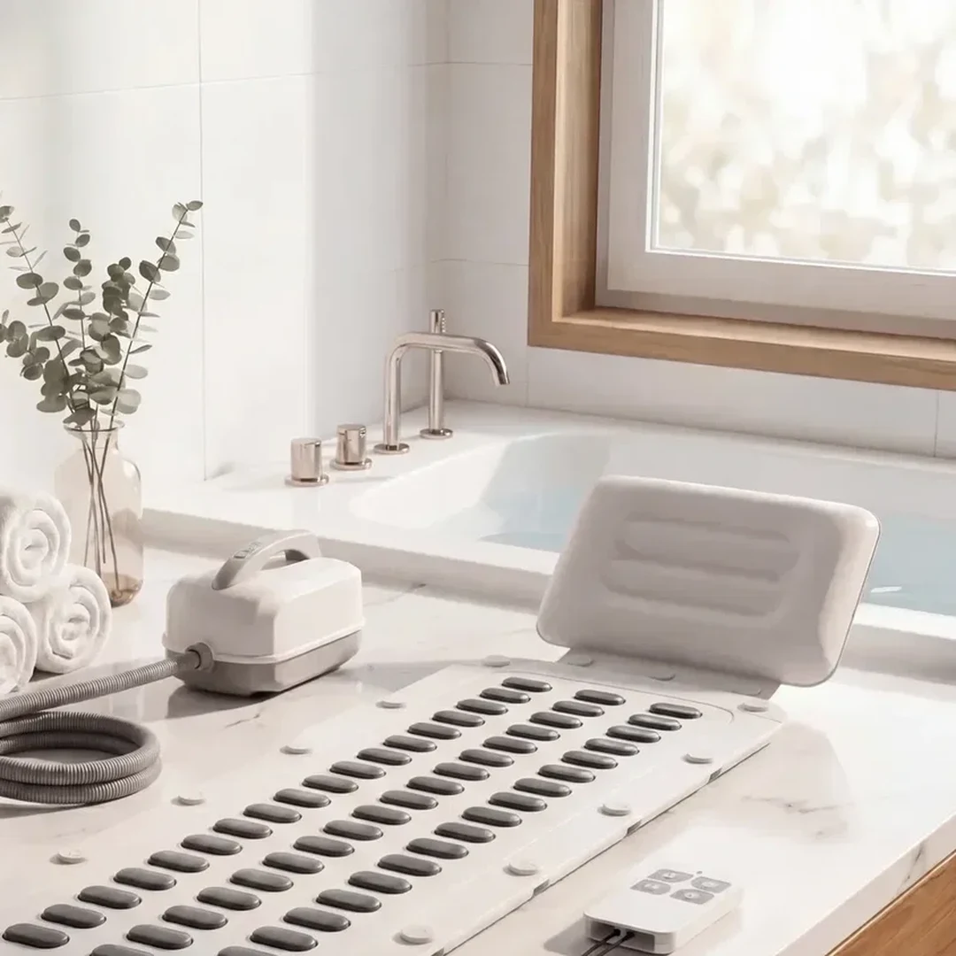 The DeepSoak Pro laid out beside a bath